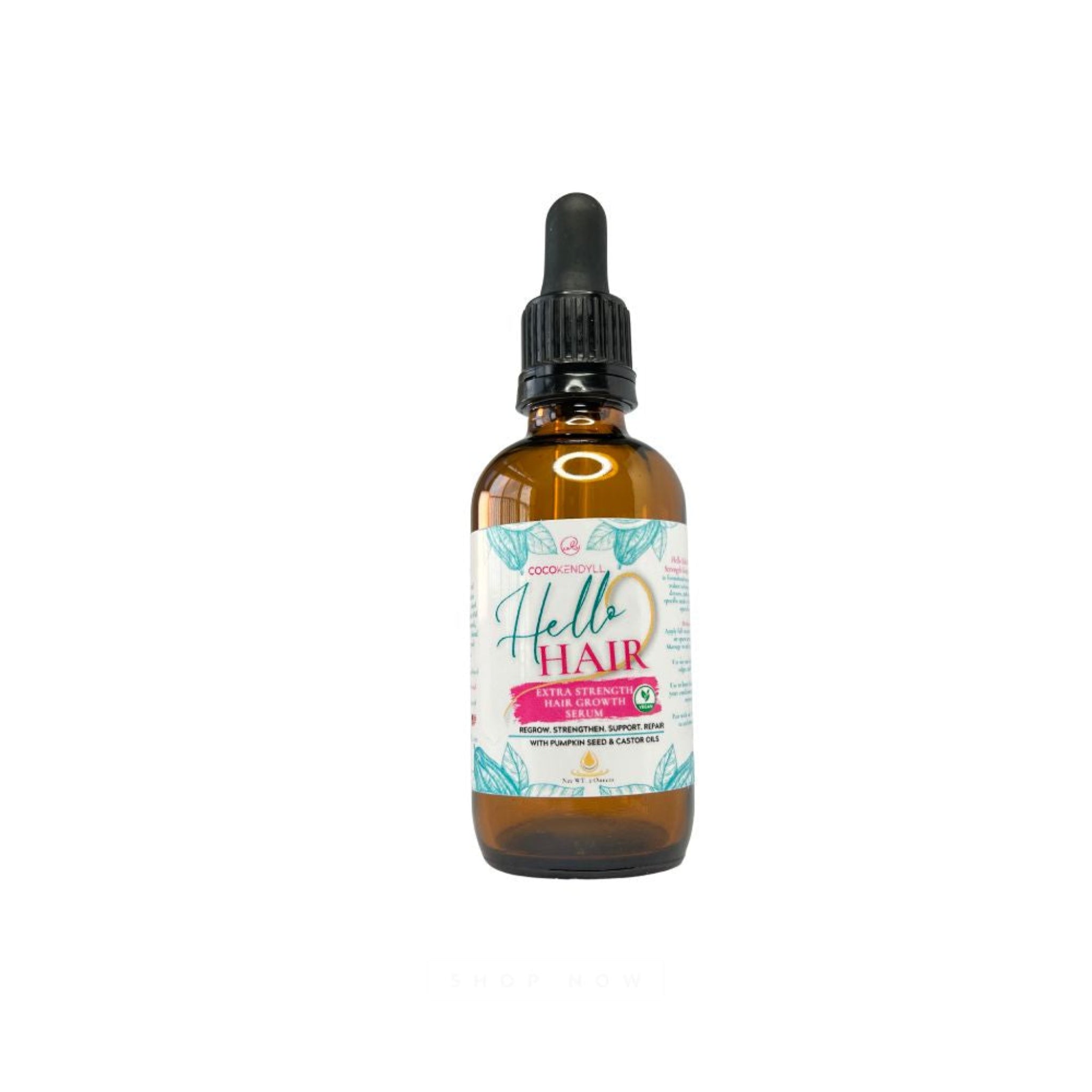Coco Kendyll Hello Hair Extra Strength Organic Hair Regrowth Serum with dropper, 2 oz brown bottle on white background.