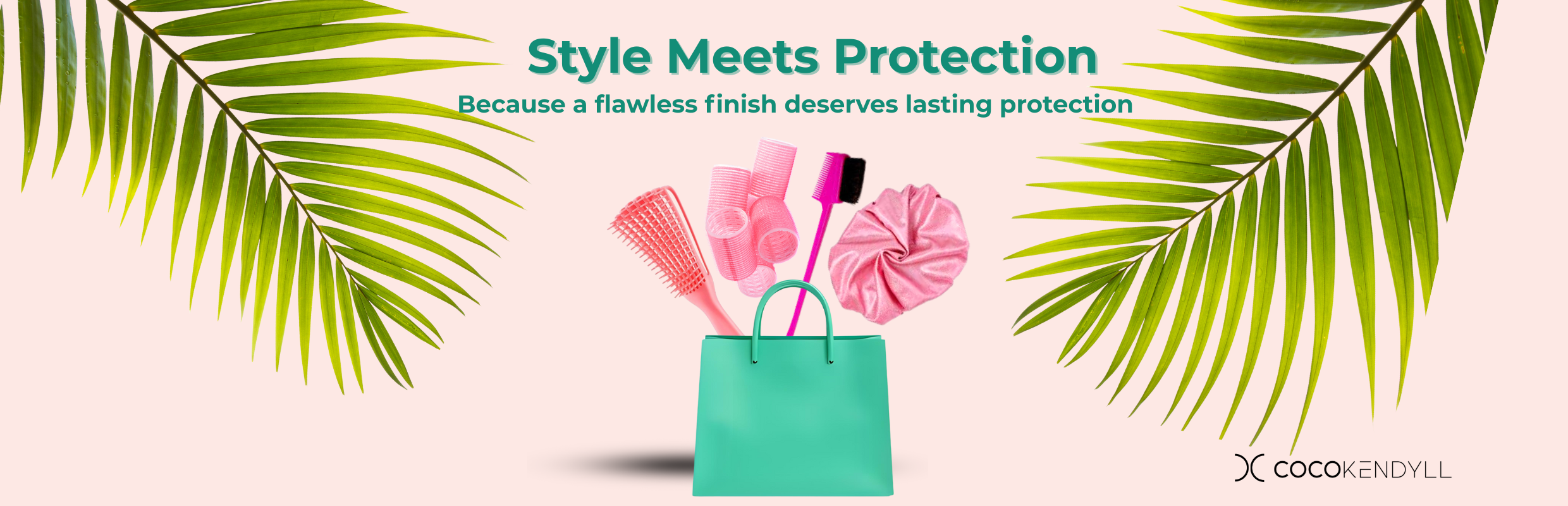 Hair accessories including a pink bonnet, edge brush, comb, and scarf arranged  in a green shopping bas, framed by palm leaves on a soft pink background with the text "Style Meets Protection".