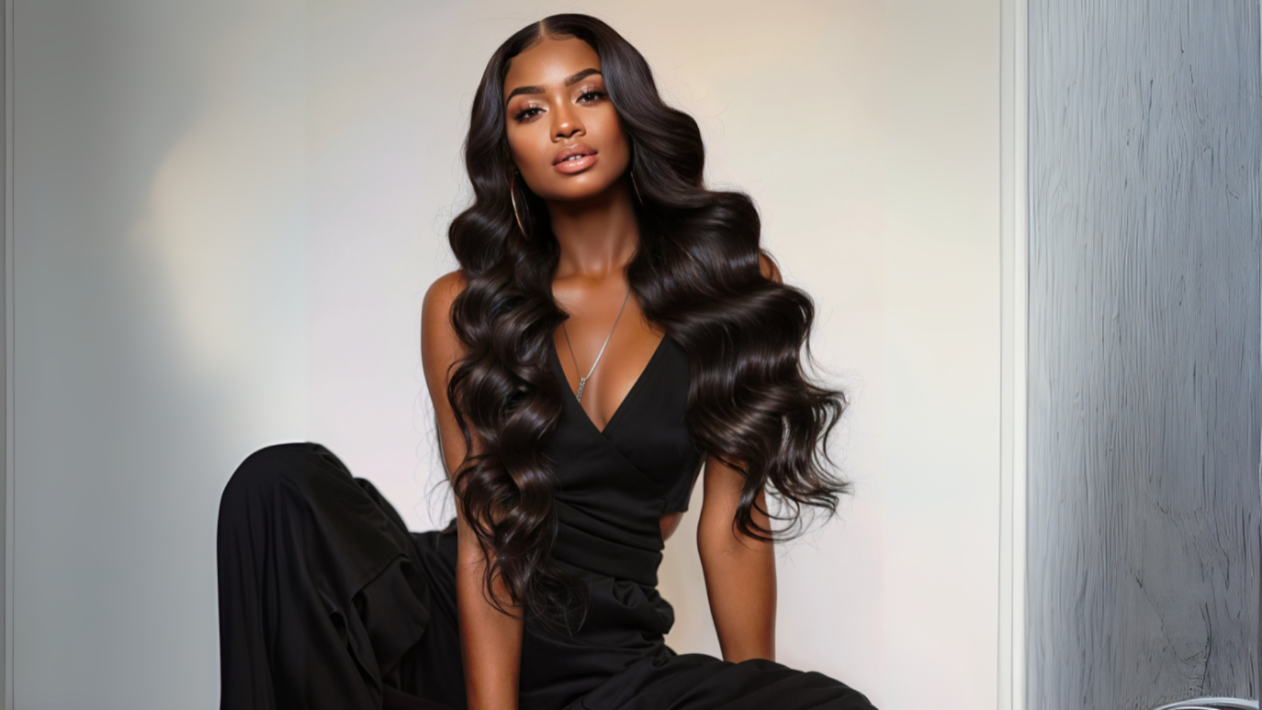 Black woman wearing long body wave wig for Coco Kendyll homepage hero