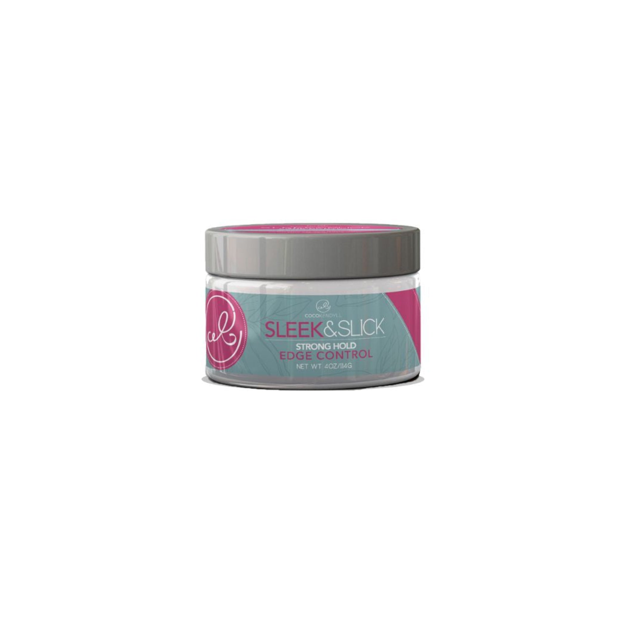 Coco Kendyll Sleek & Slick Strong Hold Edge Control in pink and sliver jar, for smooth, sleek hair styling. 