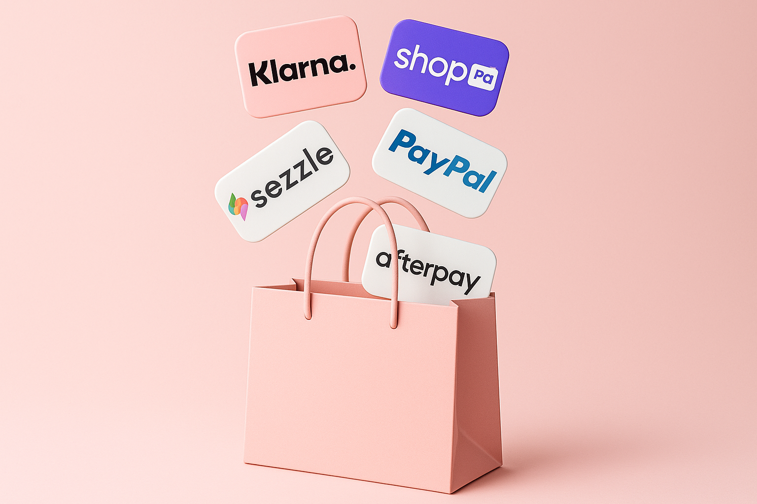 Create a pink shopping bag on a pink background with the logos for Klarna, ShopPay, PayPal, Sezzle, and AfterPay going into the bag